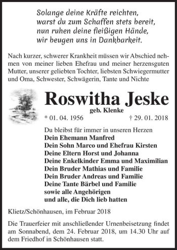 Traueranzeige von Roswitha Jeske (geb. Klenke)  von Magdeburger Volksstimme