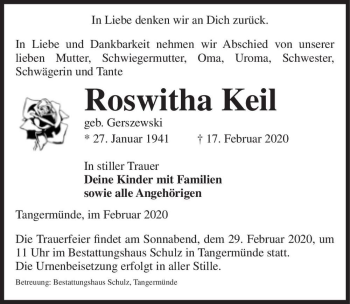 Traueranzeige von Roswitha Keil (geb. Gerszewski)  von Magdeburger Volksstimme