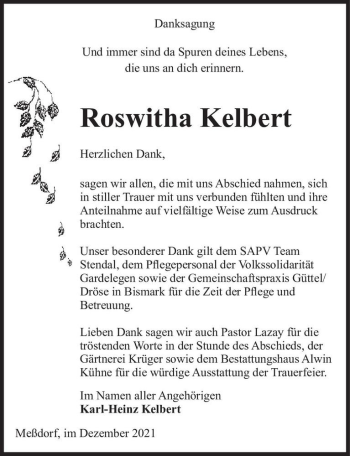 Traueranzeige von Roswitha Kelbert  von Magdeburger Volksstimme