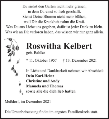 Traueranzeige von Roswitha Kelbert (geb. Bahlke)  von Magdeburger Volksstimme
