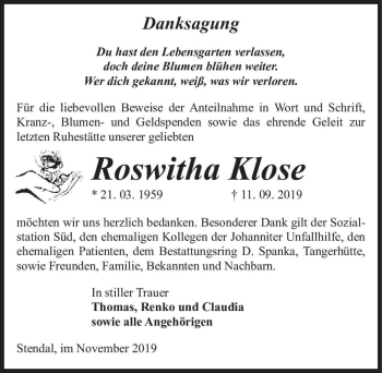 Traueranzeige von Roswitha Klose  von Magdeburger Volksstimme