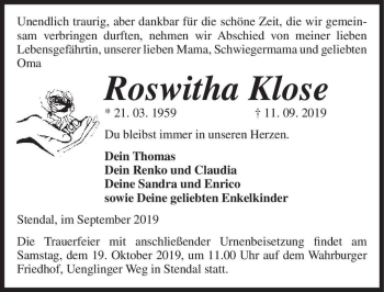 Traueranzeige von Roswitha Klose  von Magdeburger Volksstimme