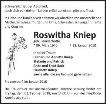 Traueranzeige von Roswitha Kniep (geb. Feuerschütte)  von Magdeburger Volksstimme