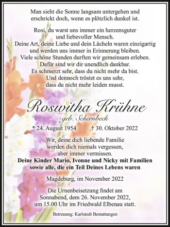 Traueranzeige von Roswitha Krühne (geb. Schernbeck)  von Magdeburger Volksstimme