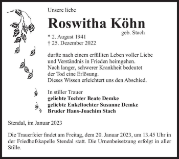 Traueranzeige von Roswitha Köhn (geb. Stach)  von Magdeburger Volksstimme