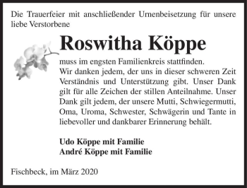 Traueranzeige von Roswitha Köppe  von Magdeburger Volksstimme