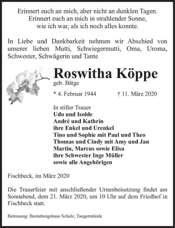 Traueranzeige von Roswitha Köppe (geb. Bätge)  von Magdeburger Volksstimme