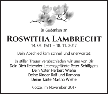 Traueranzeige von Roswitha Lambrecht  von Magdeburger Volksstimme