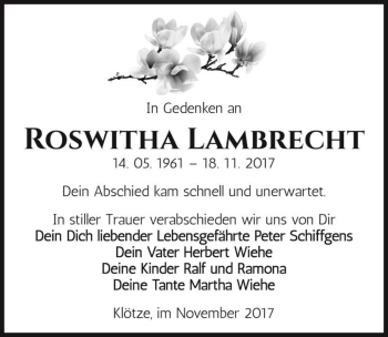 Traueranzeige von Roswitha Lambrecht  von Magdeburger Volksstimme