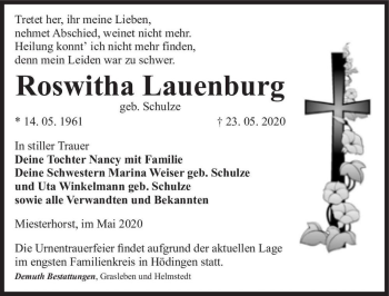 Traueranzeige von Roswitha Lauenburg (geb. Schulze)  von Magdeburger Volksstimme