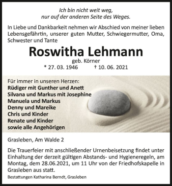 Traueranzeige von Roswitha Lehmann (geb. Körner)  von Magdeburger Volksstimme