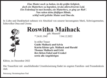 Traueranzeige von Roswitha Maihack (geb. Mausolf)  von Magdeburger Volksstimme