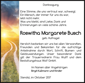 Traueranzeige von Roswitha Margarete Busch (geb. Hufnagel)  von Magdeburger Volksstimme