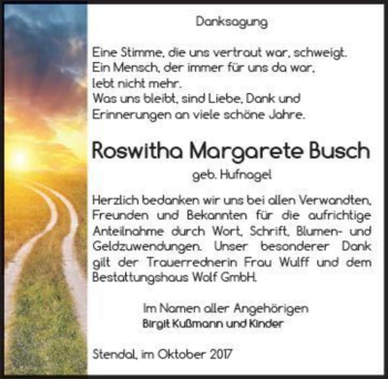 Traueranzeige von Roswitha Margarete Busch (geb. Hufnagel)  von Magdeburger Volksstimme