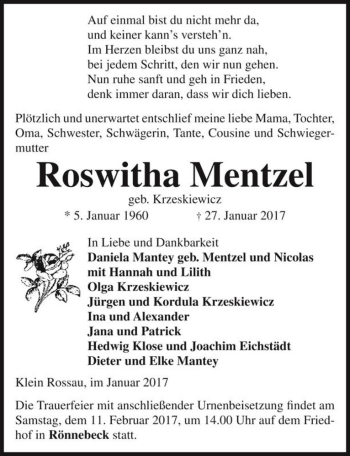 Traueranzeige von Roswitha Mentzel (geb. Krzeskiewicz)  von Magdeburger Volksstimme