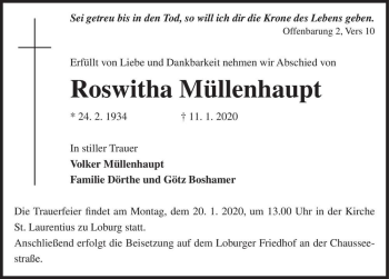 Traueranzeige von Roswitha Müllenhaupt  von Magdeburger Volksstimme