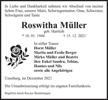 Traueranzeige von Roswitha Müller (geb. Hartleib)  von Magdeburger Volksstimme