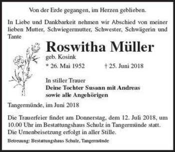 Traueranzeige von Roswitha Müller (geb. Kosink)  von Magdeburger Volksstimme
