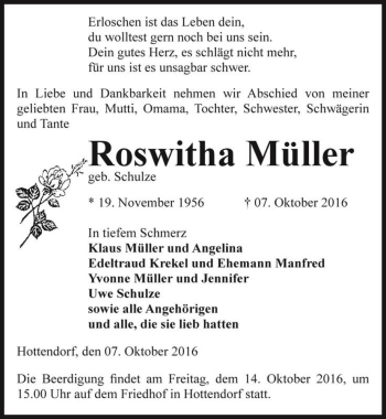 Traueranzeige von Roswitha Müller (geb. Schulze)  von Magdeburger Volksstimme