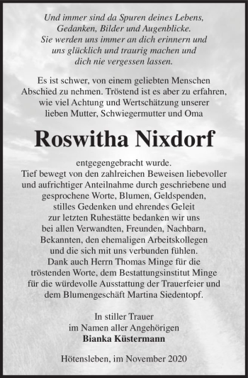 Traueranzeige von Roswitha Nixdorf  von Magdeburger Volksstimme