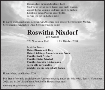 Traueranzeige von Roswitha Nixdorf (geb. Gerloff)  von Magdeburger Volksstimme