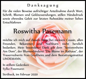 Traueranzeige von Roswitha Pasemann  von Magdeburger Volksstimme
