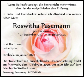Traueranzeige von Roswitha Pasemann (geb. Döhrmann)  von Magdeburger Volksstimme