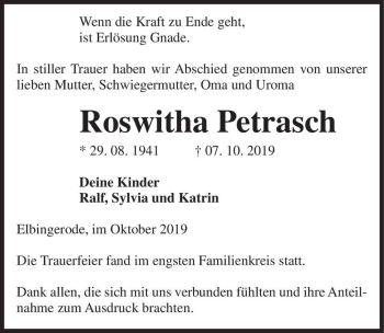 Traueranzeige von Roswitha Petrasch  von Magdeburger Volksstimme