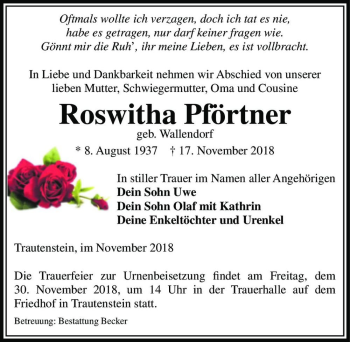 Traueranzeige von Roswitha Pförtner (geb. Wallendorf)  von Magdeburger Volksstimme