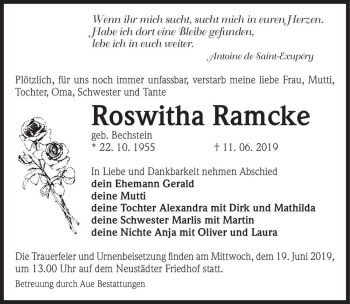 Traueranzeige von Roswitha Ramcke (geb. Bechstein)  von Magdeburger Volksstimme