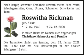 Traueranzeige von Roswitha Rickman (geb. Klesse)  von Magdeburger Volksstimme