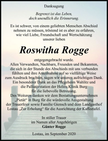 Traueranzeige von Roswitha Rogge  von Magdeburger Volksstimme