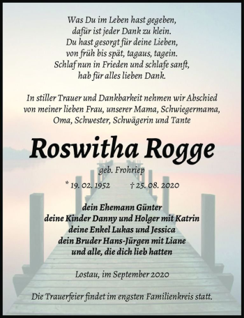 Traueranzeige von Roswitha Rogge (geb. Frohriep)  von Magdeburger Volksstimme