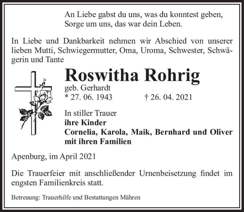  Traueranzeige für Roswitha Rohrig (geb. Gerhardt)  vom 29.04.2021 aus Magdeburger Volksstimme