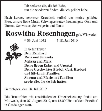 Traueranzeige von Roswitha Rosenhagen (geb. Wiswedel)  von Magdeburger Volksstimme