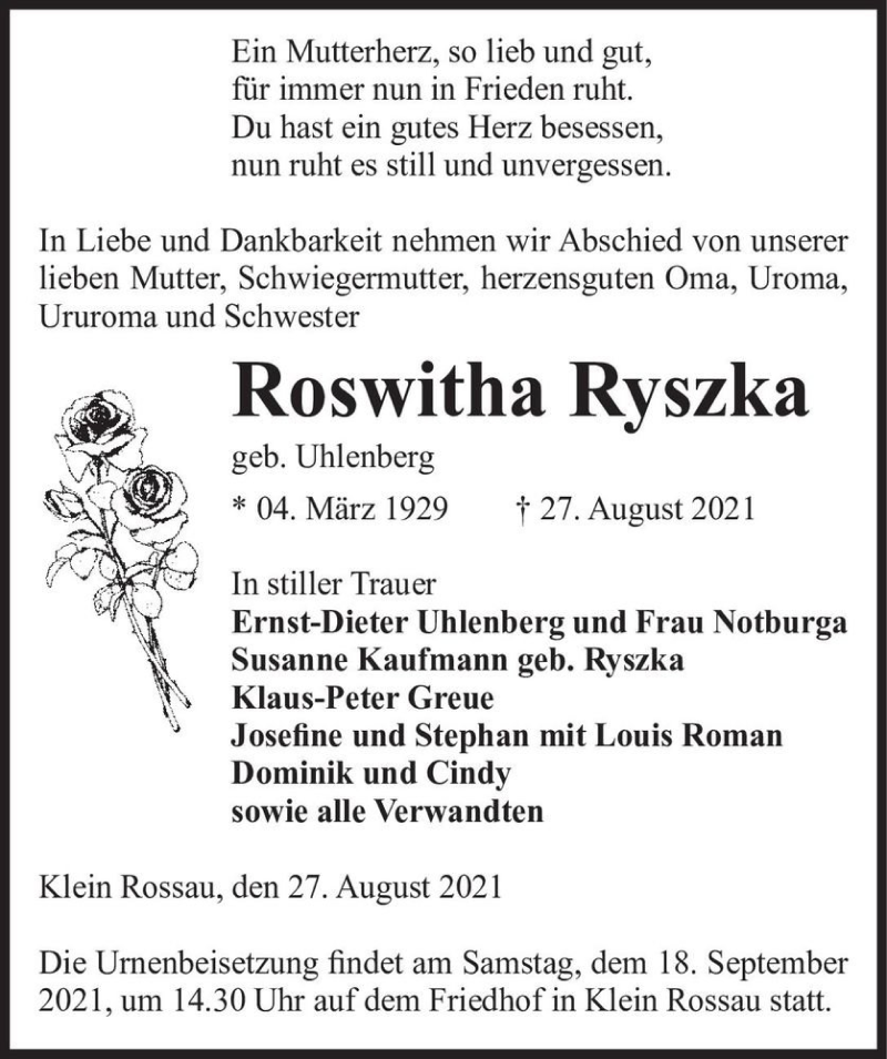  Traueranzeige für Roswitha Ryszka (geb. Uhlenberg)  vom 31.08.2021 aus Magdeburger Volksstimme