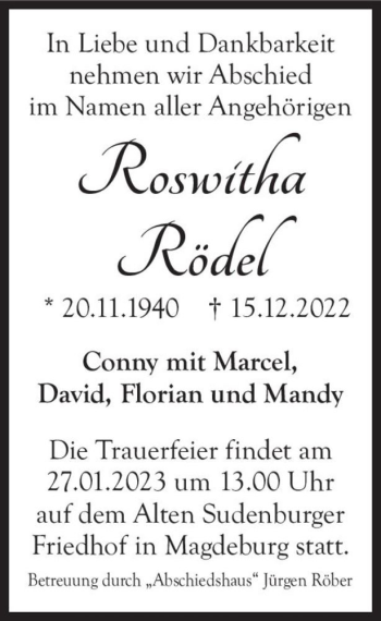 Traueranzeige von Roswitha Rödel  von Magdeburger Volksstimme