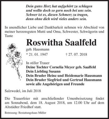Traueranzeige von Roswitha Saalfeld (geb. Hausmann)  von Magdeburger Volksstimme