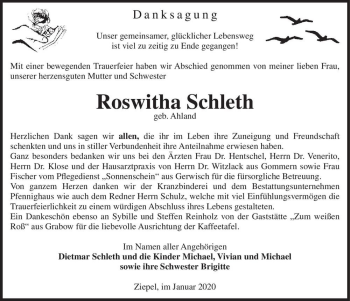 Traueranzeige von Roswitha Schleth (geb. Ahland)  von Magdeburger Volksstimme