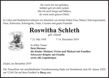 Traueranzeige von Roswitha Schleth (geb. Ahland)  von Magdeburger Volksstimme