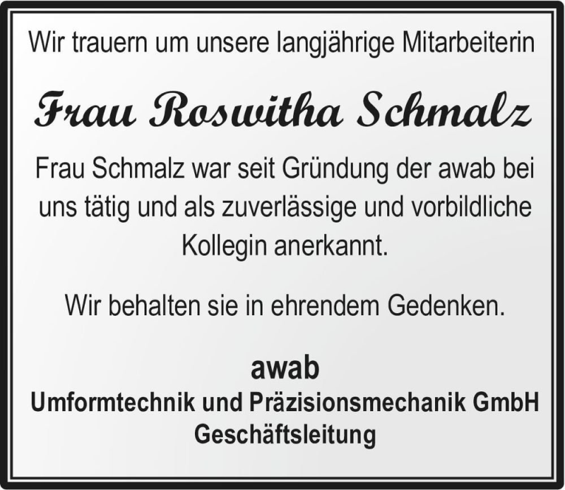  Traueranzeige für Roswitha Schmalz  vom 24.04.2021 aus Magdeburger Volksstimme