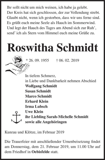 Traueranzeige von Roswitha Schmidt  von Magdeburger Volksstimme