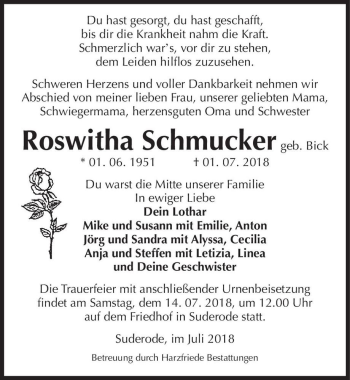 Traueranzeige von Roswitha Schmucker (geb. Bick)  von Magdeburger Volksstimme