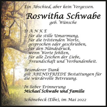 Traueranzeige von Roswitha Schwabe (geb. Wünsche)  von Magdeburger Volksstimme