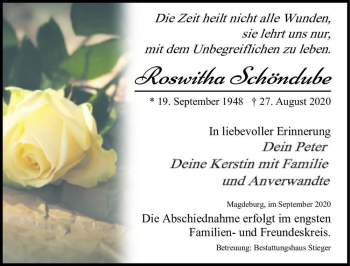 Traueranzeige von Roswitha Schöndube  von Magdeburger Volksstimme