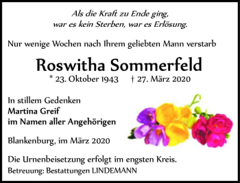 Traueranzeige von Roswitha Sommerfeld  von Magdeburger Volksstimme
