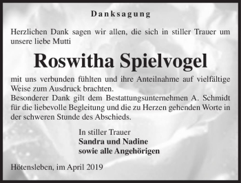 Traueranzeige von Roswitha Spielvogel  von Magdeburger Volksstimme
