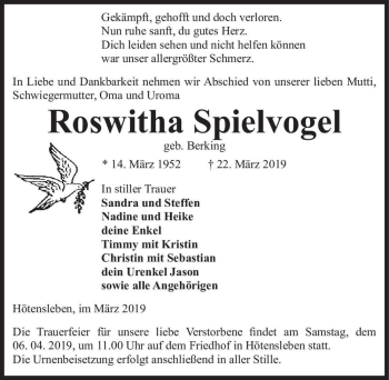 Traueranzeige von Roswitha Spielvogel (geb. Berking)  von Magdeburger Volksstimme