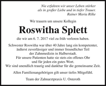 Traueranzeige von Roswitha Splett  von Magdeburger Volksstimme