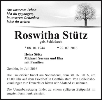 Traueranzeige von Roswitha Stütz (geb. Schloßarek)  von Magdeburger Volksstimme